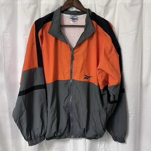 Vintage‎ 90s Reebok Gray Orange Black Colorblock Zip Nylon Windbreaker Jacket LG